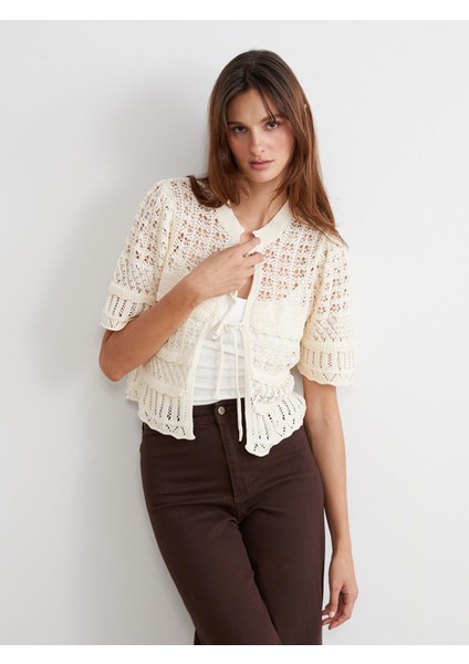 Yeni Sezon Bağlamalı Yaka Ajurlu Kadın Triko Hırka