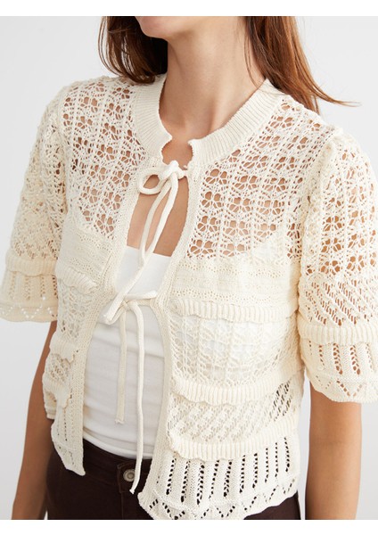 Yeni Sezon Bağlamalı Yaka Ajurlu Kadın Triko Hırka modelleri