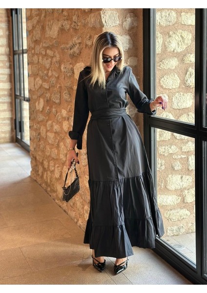 Kadın Uzun Kollu Eteği Fırfırlı Beli Kuşaklı Trikoton Tam Boy Gömlek Elbise