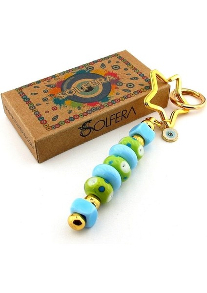 Yeşil Mavi Murano Cam Nazar Boncuklu Çanta Süsü Yıldız Charm Anahtarlık KY072