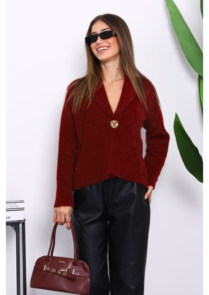Bordo Tek Düğmeli Angora Yumoş Hırka