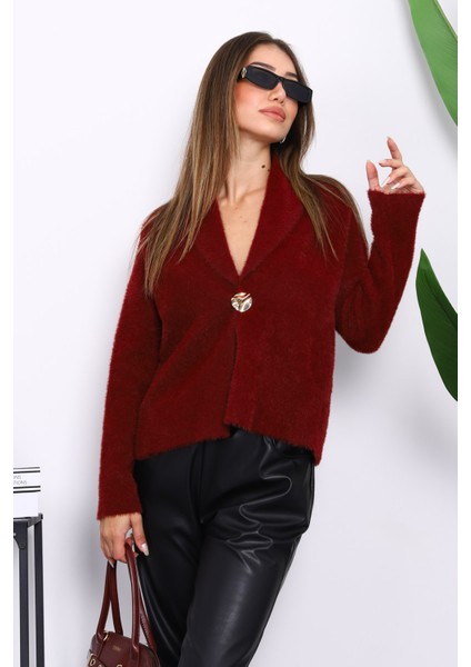 Bordo Tek Düğmeli Angora Yumoş Hırka fiyatları