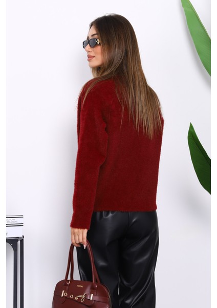 Bordo Tek Düğmeli Angora Yumoş Hırka modelleri