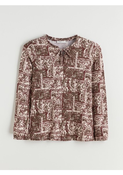 Yeni Sezon Bağlamalı Yaka Desenli Bluz