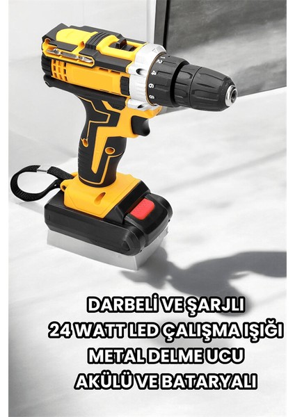 Metal Dişli 24W Akülü Matkap -Çift Bataryalı ve LED Çalışma Işığı ile Tam Set