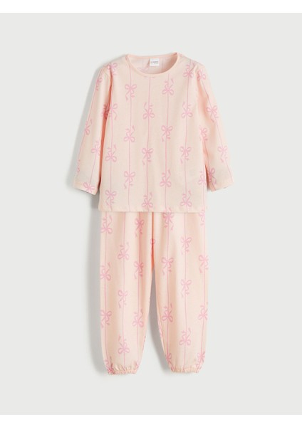 Yeni Sezon Bisiklet Yaka Fiyonk Baskılı Kız Çocuk Pijama Takımı