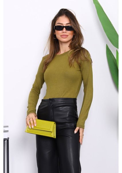Yağ Yeşili Bisiklet Yaka Modal Bluz
