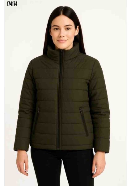 Bomber Mont Ceket-Su Itici Kumaş, Kapitone Astarlı, Fermuarlı, Kışlık, Kırmızı Gül Figürlü Kolye Hediye