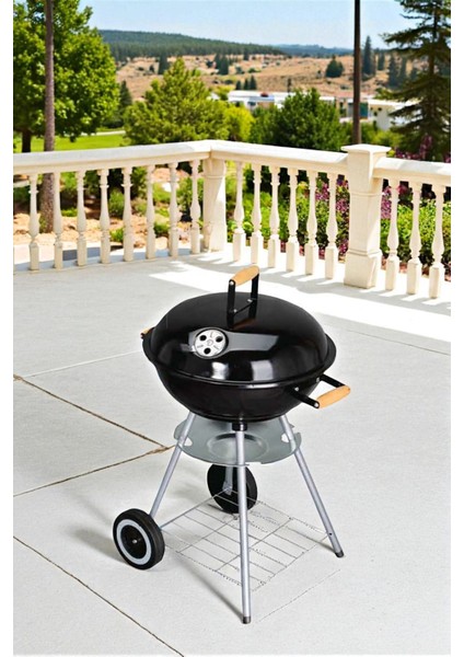 Yuvarlak Kömürlü Mangal Ahşap Kulplu Tekerlekli Mangal 39 cm