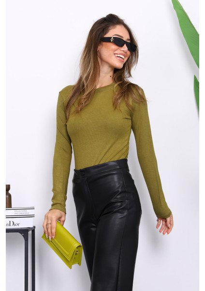 Yağ Yeşili Bisiklet Yaka Modal Bluz modelleri