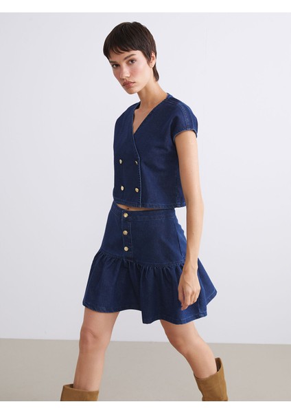 Yeni Sezon Kruvaze Yaka Crop Kadın Jean Yelek