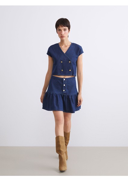 Yeni Sezon Kruvaze Yaka Crop Kadın Jean Yelek fiyatları