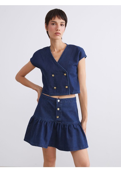 Yeni Sezon Kruvaze Yaka Crop Kadın Jean Yelek modelleri