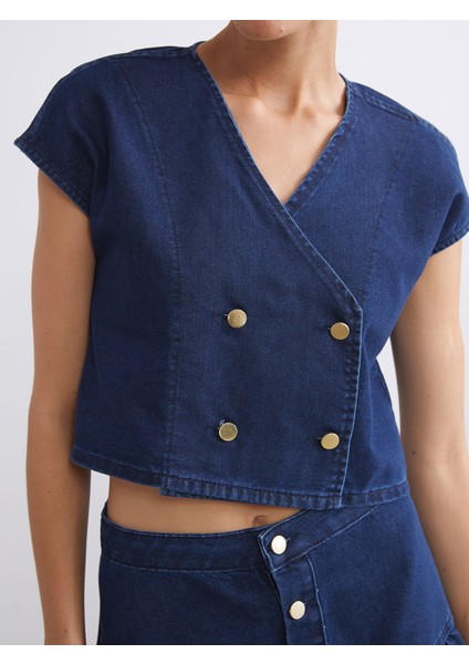 Yeni Sezon Kruvaze Yaka Crop Kadın Jean Yelek fırsatları