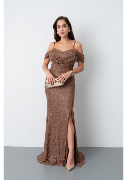 Kadın Kahverengi Omuz Dekolteli Boncuklu Uzun Abiye Elbise