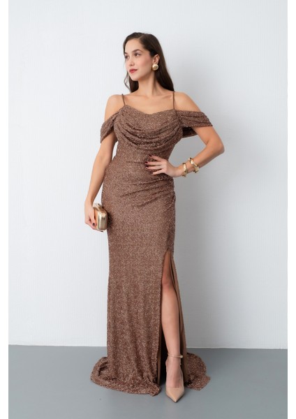 Kadın Kahverengi Omuz Dekolteli Boncuklu Uzun Abiye Elbise fiyatları