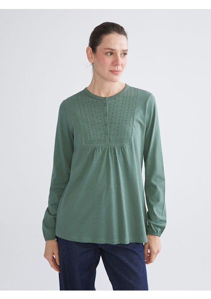 Yeni Sezon Bisiklet Yaka Nakışlı Bluz