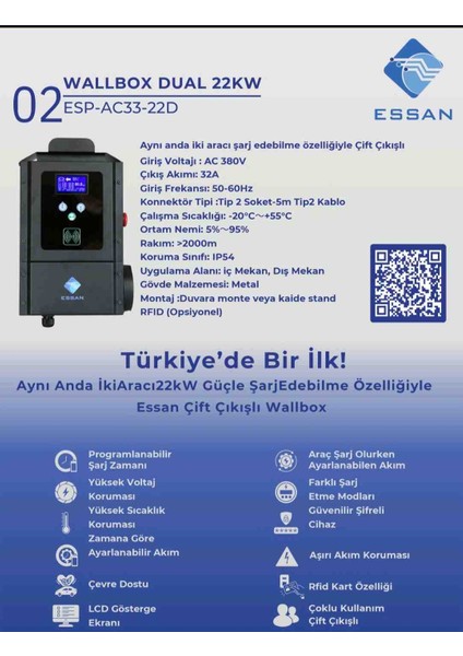 ESP-AC33-22D 22KW Çift Çıkışlı Elektrikli Araç Şarj Cihazı Togg Tesla