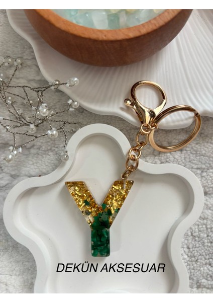 Y Harfi Epoksi Yeşil Gold El Yapımı Anahtarlık