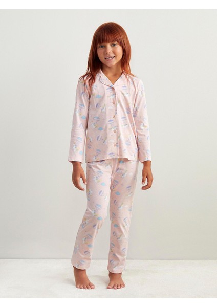 Yeni Sezon Gömlek Yaka Baskılı Kız Çocuk Pijama Takımı