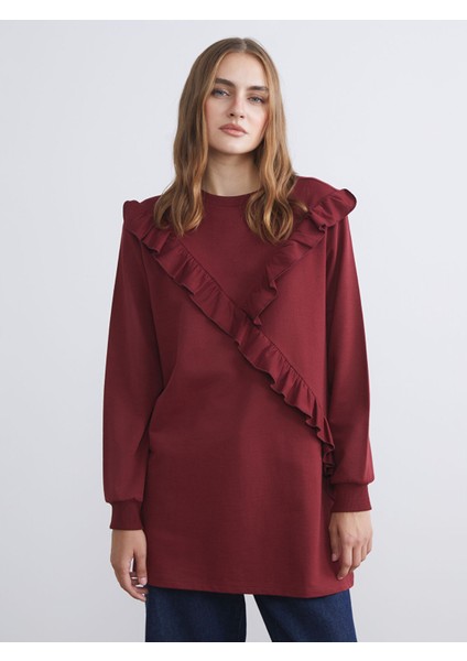 Yeni Sezon Bisiklet Yaka Fırfırlı Kadın Sweatshirt Tunik