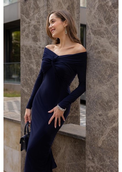 Kadın Uzun Kollu Madonna Yaka Düğüm Büzgü Detay Maxi Boy Elblbise fiyatları