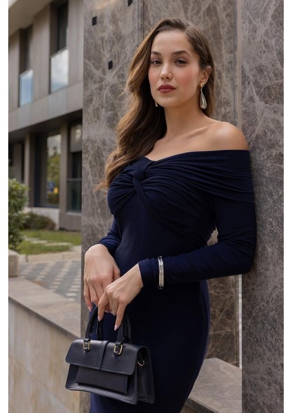 Kadın Uzun Kollu Madonna Yaka Düğüm Büzgü Detay Maxi Boy Elblbise modelleri