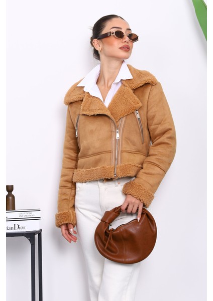 Camel Peluş Kısa Süet Mont