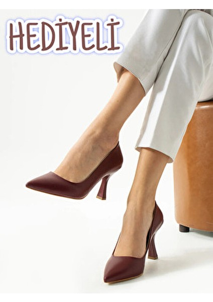 Kadın Topuklu Ayakkabı Bordo Stiletto Konforlu Vegan Deri Mat - Özel Gün ve Günlük Kullanım