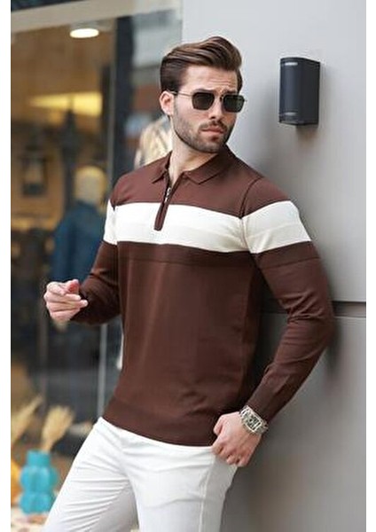 Kahverengi Fermuarlı Polo Yaka Çizgili Uzun Kollu Kazak E7288