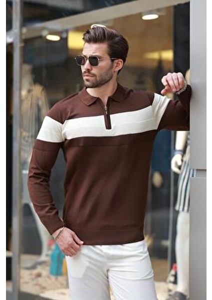 Kahverengi Fermuarlı Polo Yaka Çizgili Uzun Kollu Kazak E7288 fiyatları