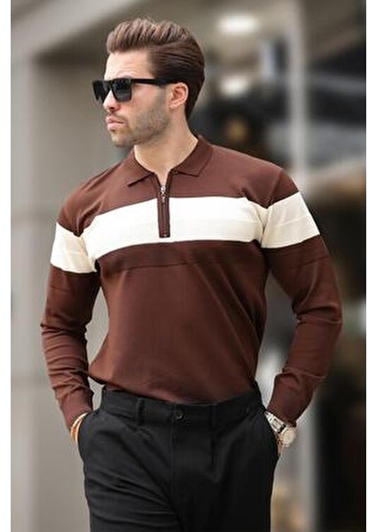 Kahverengi Fermuarlı Polo Yaka Çizgili Uzun Kollu Kazak E7288 modelleri