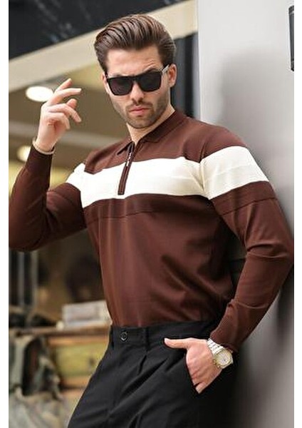 Kahverengi Fermuarlı Polo Yaka Çizgili Uzun Kollu Kazak E7288 fırsatları