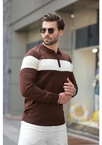 Kahverengi Fermuarlı Polo Yaka Çizgili Uzun Kollu Kazak E7288 indirimleri