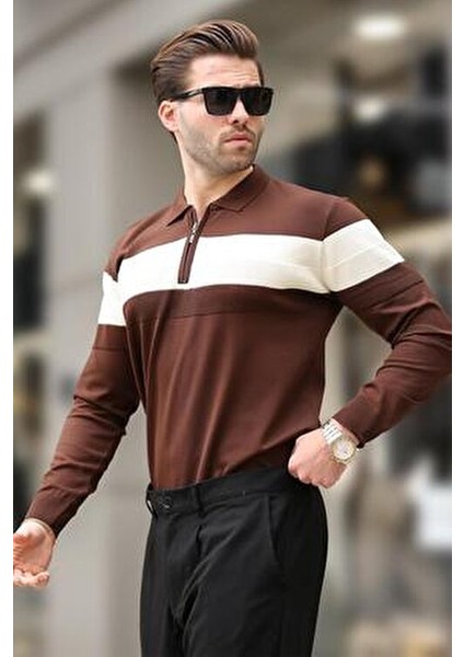 Kahverengi Fermuarlı Polo Yaka Çizgili Uzun Kollu Kazak E7288