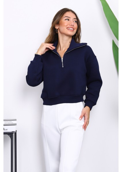 Lacivert Önü Fermuarlı Üç Iplik Crop Sweat
