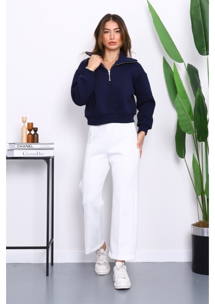 Lacivert Önü Fermuarlı Üç Iplik Crop Sweat fiyatları