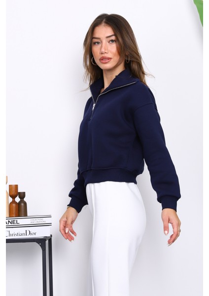 Lacivert Önü Fermuarlı Üç Iplik Crop Sweat modelleri