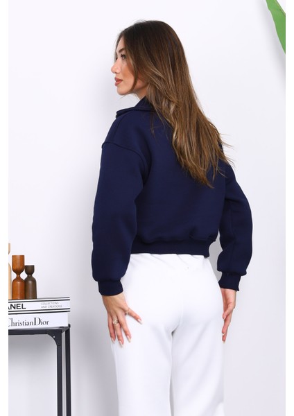 Lacivert Önü Fermuarlı Üç Iplik Crop Sweat fırsatları