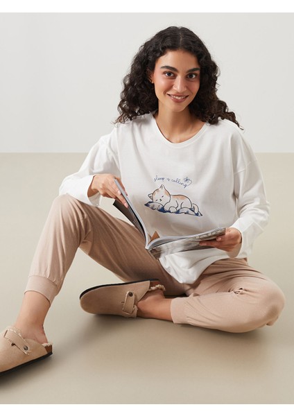 Yeni Sezon Bisiklet Yaka Baskılı Kadın Pijama Takımı