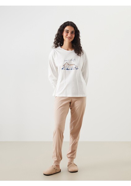 Yeni Sezon Bisiklet Yaka Baskılı Kadın Pijama Takımı modelleri