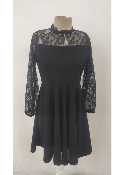 Kadın Uzun Kollu Dantelli Kloş Mini Ithal Krep Elbise