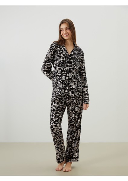 Yeni Sezon Gömlek Yaka Leopar Desenli Kadın Pijama Takımı