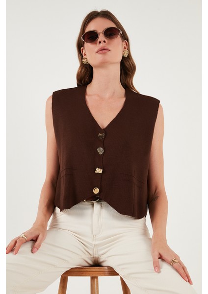 Standart Fit V Yaka Düğmeli Triko Yelek Bayan Yelek 4616177