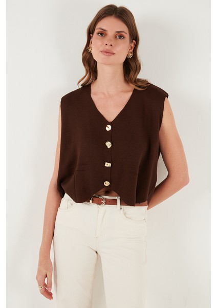 Standart Fit V Yaka Düğmeli Triko Yelek Bayan Yelek 4616177 modelleri