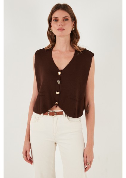 Standart Fit V Yaka Düğmeli Triko Yelek Bayan Yelek 4616177 fırsatları