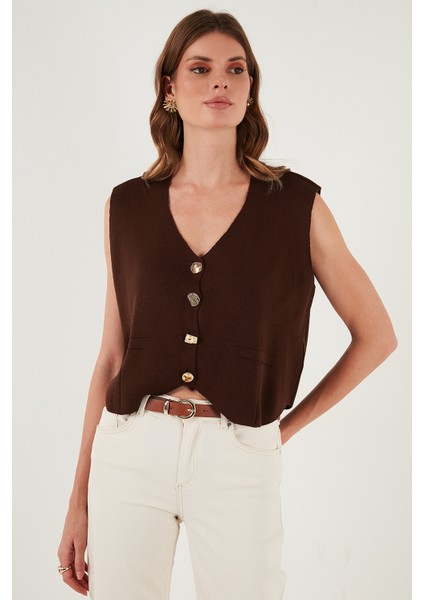 Standart Fit V Yaka Düğmeli Triko Yelek Bayan Yelek 4616177 indirimleri