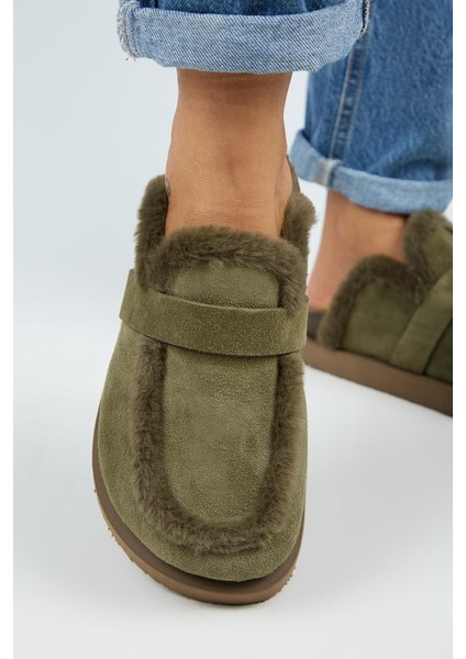 (Ecemi Platform) Kadın Hakiki Deri Kürklü Loafer Platform Haki Terlik