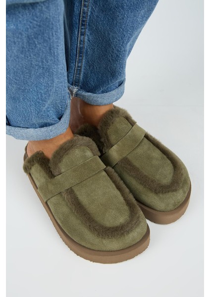 (Ecemi Platform) Kadın Hakiki Deri Kürklü Loafer Platform Haki Terlik modelleri