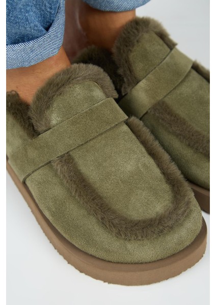 (Ecemi Platform) Kadın Hakiki Deri Kürklü Loafer Platform Haki Terlik fırsatları